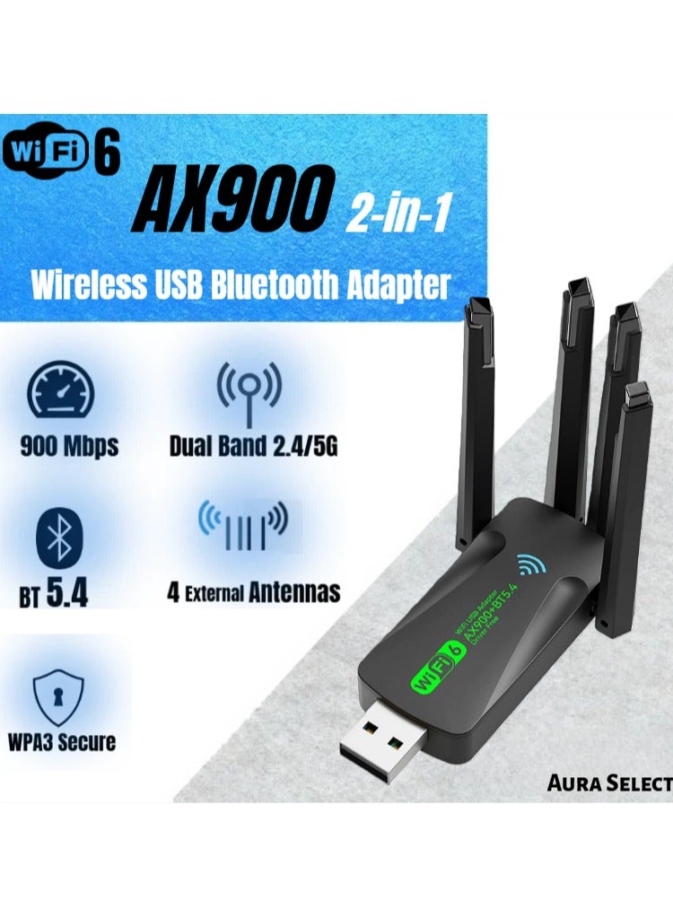  أورا سيليكت مهايئ USB WiFi6 بلوتوث - 900 ميجابت في الثانية ثنائي النطاق 2.4 جيجا هرتز/5 جيجا هرتز مستقبل خارجي للشبكة اللاسلكية، بلوتوث 5.4، 4 هوائيات خارجية، للكمبيوتر الشخصي/سطح المكتب/ الكمبيوتر المحمول، ويندوز 10/11، التوصيل والتشغيل - Image 1